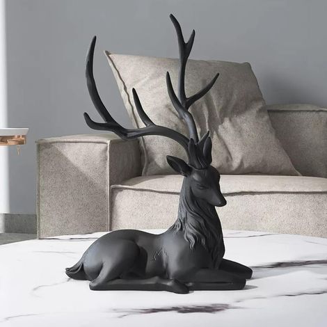 Statue Cerf - Résine Synthétique Noire - Décoration Bureau Salon Intérieur - Modèle Assis - 24 x 16 cm - 1 Pièce (1/5)