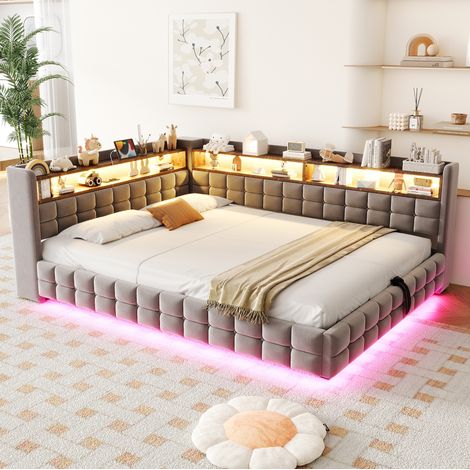 Lit coffre 140x200 velours gris clair avec LED HAVRYA (1/5)