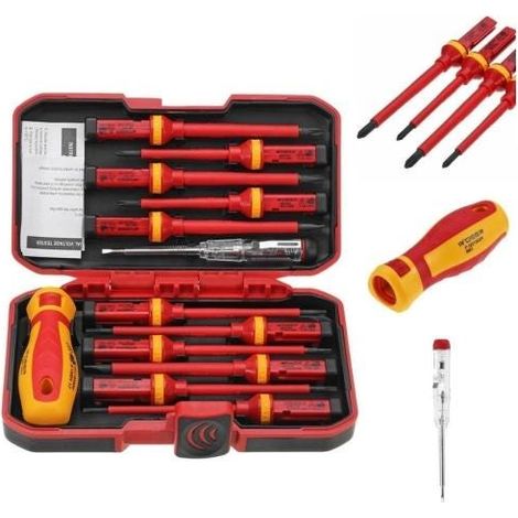 13 pièces Kit Tournevis Isolé VDE, Coffret Tournevis Aimanté Electricien, Jeu de Tournevis Torx Interchangeables avec Testeur de Tension (1/4)