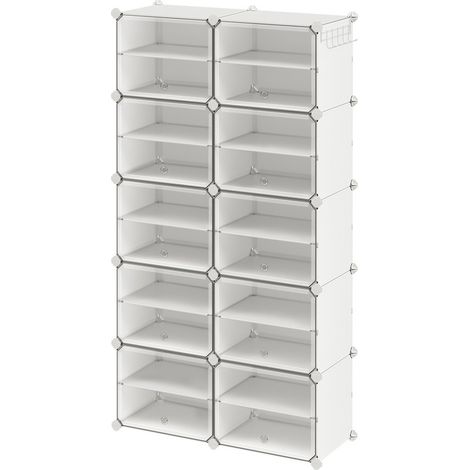 Étagère à Chaussures avec 10 Compartiments, Compartiment de 30 x 40 x 30 cm, Fin, avec Portes, Cadre en Acier, Plastique, Blanc (1/5)