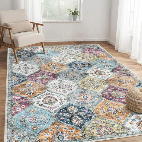 Petit tapis 80 x 150 cm pour l'entrée, tapis de couloir vintage pour chambre à coucher, paillasson antidérapant lavable, tapis d'intérieur pliable pour la cuisine, jaune violet (1/5)