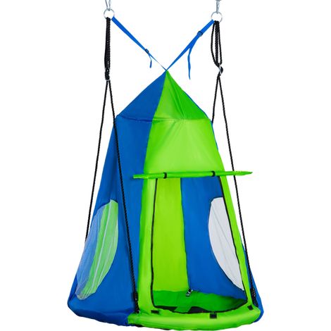 Balançoire nid ronde avec auvent détachable Ø 100 cm, 4 anneaux fournis, structure métal époxy, toile Oxford haute densité - Vert et Bleu (1/5)
