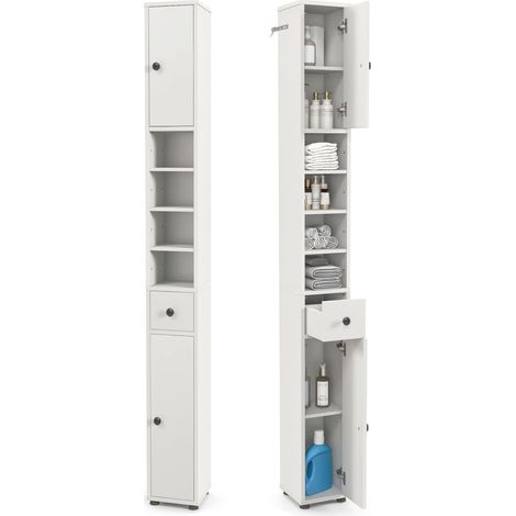 COSTWAY Mobile Bagno 180 cm, Armadio Colonna Salvaspazio con 1 Cassetto, 5 Ripiani Regolabili e Struttura Antiscivolo, Mobiletto per Soggiorno, Camera da Letto e Cucina, Bianco (1/5)