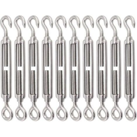 Lot de 10 tendeurs à crochet et œillet en acier inoxydable 304, tendeur robuste M8, matériel réglable pour voile d'ombrage pour serrer les câbles métalliques