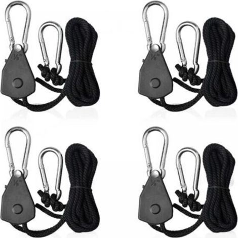 4 Pieces Adjustable Ratchet Rope Hangers with Hooks 1/8 Light Fixture Pulley Shade Sail Tensioner Ratchet Tie Down Rope for Lamp or Plants (1/4)