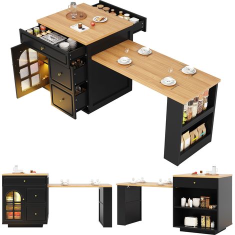 Ilot central de cuisine extensible Noir,Avec 1 porte,4 tiroirs,plan de travail,122.5-195.5x59x93.5cm,Pour cuisine/salon