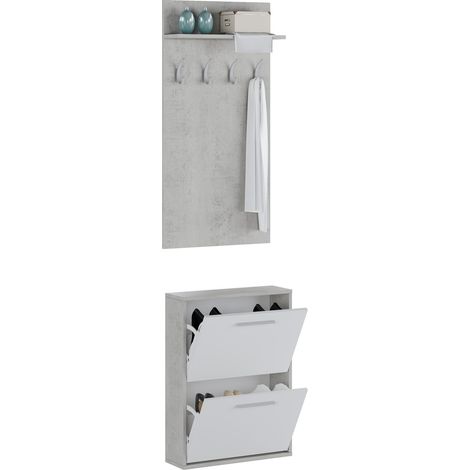 Set Ingresso Salvaspazio con Scarpiera 2 Ribalte e Appendiabiti da Parete con Mensola Mobile Ingresso Moderno Soggiorno Portascarpe Giacche 54 x 73 x 18 Cm Bianco E Grigio Cemento