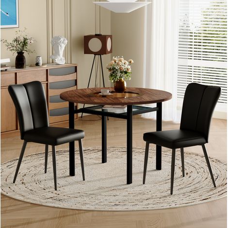 Conjunto de comedor redondo MDF efecto madera marrón y metal con 2 sillas de PU negro, mesa Ø100 cm con cristal (1/5)