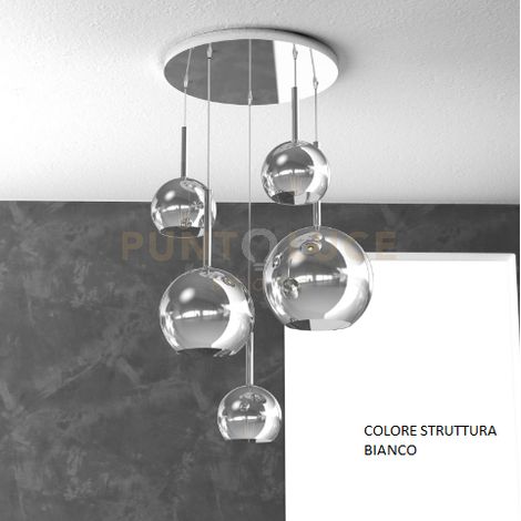 SOSP. BIANCO TONDA 5 LUCI VETRI (1 GRANDE+1 MEDIO+3 PICCOLO) TUTTI CROMO 1155BI-S5 TMIX-CR
