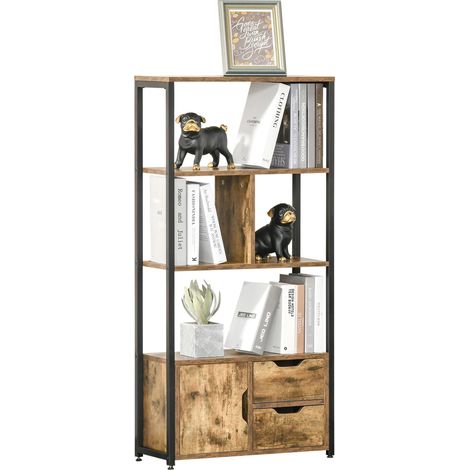 Bibliothèque mobile avec 3 étagères, Armadietto et 2 Cassetti, Bibliothèque Stile Industriale en Truciolato e Metallo, 58x24x122 cm, Nero e couleur bois (1/5)