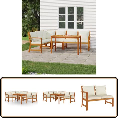 5-tlg. Garten-Essgruppe mit Kissen Massivholz Akazie - Gartengruppe - Gartenmöbel - Esstisch - Holzbank - Eckcouch