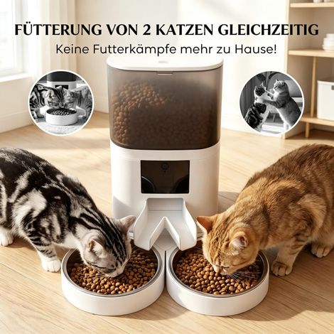 Distributeur automatique de croquettes pour chat 6 L avec deux bols en acier inoxydable pour 2 animaux, WiFi contrôlable via application Tuya, boîtier ABS (1/5)