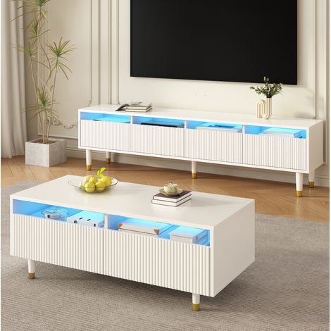 Conjunto mueble TV y mesa centro LED MDF blanco OKMYHOME (1/5)