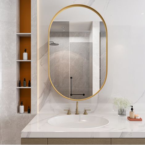 Armoire miroir ovale dorée en métal avec étagères réglables et installation murale ou encastrée (1/5)