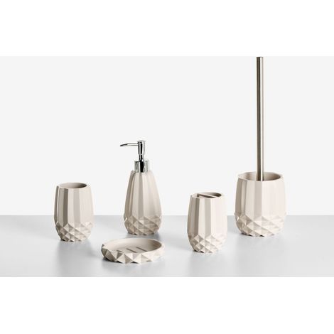 Ensemble d'Accessoires de Salle de Bain en Polyrésine 5 Pièces Distributeur de Savon Porte-Brosse à Dents Brosse Toilette Beige Samiria