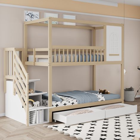 Etagenbett 90 x 200 cm – Kinderbett mit Fenstern, Schutzgitter, Schubladen und Leiter – aus Massivholz – Holz