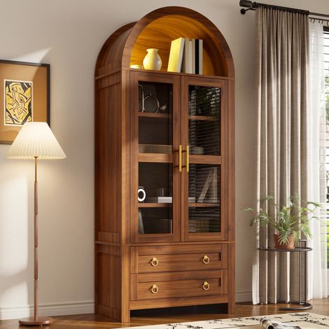 MODFU – Vitrina alta 76x40x180 cm de MDF con 2 puertas de vidrio, 2 cajones y LED USB, diseño retro arqueado y carga 50 kg – Nogal (1/5)