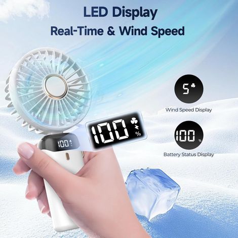 Ventilador portátil 4200mAh USB con pantalla LED 3 en 1 para mano, cuello y escritorio, plegable e inclinable 90°, ideal para verano, oficina, habitación, viaje, regalo para adultos y niños (blanco) (1/4)