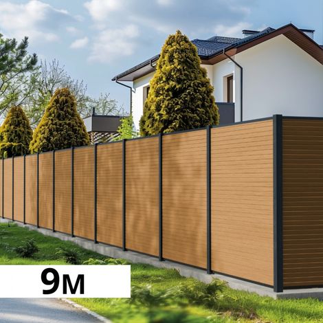 Kit Clôture Bois Composite Cèdre 9,20x1,8m SANTOS - Poteaux en Aluminium Gris - Brise Vue - Palissade