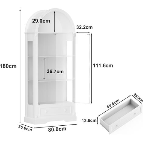 Vitrine, avec tiroirs, éclairage led, éléments en verre, 80 x 35 x 180 cm, verre et MDF, blanc (1/5)