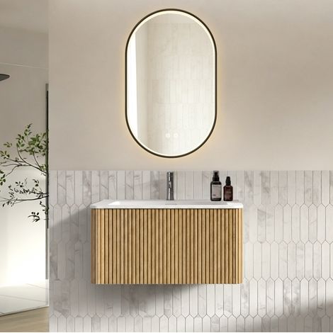 Set mobili bagno sospeso con specchio LED, lavabo in pietra artificiale, effetto rovere e nero (1/5)