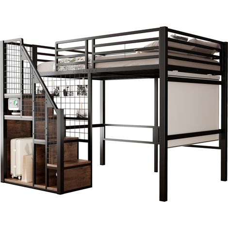 Lit mezzanine avec échelle de sécurité 140200, lit enfant avec cadre en fer et tablette de rangement, lit ado, noir