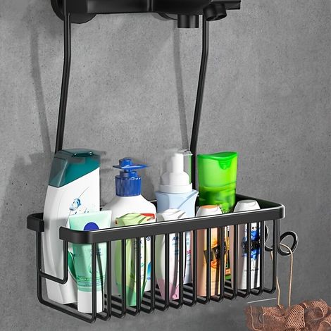 Cestino portaoggetti da bagno sospeso, contenitore resistente alle forature per bagnoschiuma e shampoo, nero
