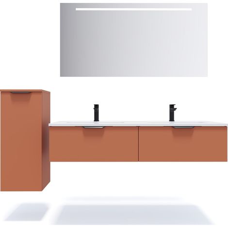 Meuble de salle de bain suspendu double vasque intégrée 140cm 2 tiroirs Terracotta + miroir + colonne ouverture gauche - Soho (1/5)
