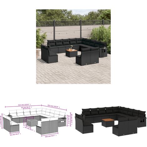 14-tlg. Garten-Sofagarnitur mit Kissen Schwarz Poly Rattan - Gartenmöbel Set - PE-Rattan Möbel - Outdoor Lounge - Esszimmergarnitur - Balkonmöbel - Home & Living (1/3)