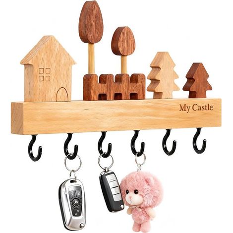 Porte-clés en bois - Crochets pour clés - Porte-clés décoratif - 6 crochets - 22,5 x 14,5 x 2 cm - Convient pour les couloirs, portes d'entrée, garages, cuisines - Bois - Marron (1/5)