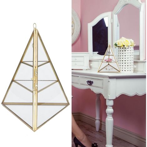 Organizador de joyas de tres niveles con forma de pirámide, fabricado en metal y cristal, de 21 cm de altura, ideal para guardar pendientes, collares y pulseras. (1/5)