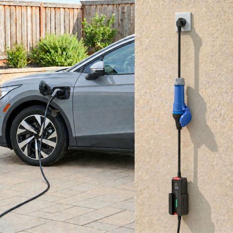 Chargeur Voiture Électrique Type 2, 7,4kW, 6-32A, 8m, Prise CEE, Adaptateur Européen, Écran LCD, IP65, 21x8,5x5cm, Noir (1/5)