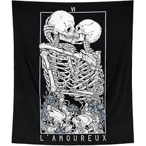 Tapisserie Tarot Noir et Blanc « Squelette et Fleur » représentant un crâne et des amants s'embrassant, taille M (1/5)