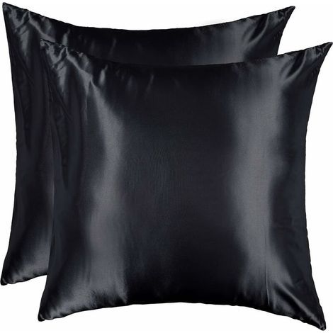 FITLAB-Taie d'oreiller Satin 60x60 Lot de 2 Lisse Elégant Housse Oreiller Carré Confort Soyeux Peau Frais Eté Fermeture Eclair Maison Hôtel, Noir (1/5)