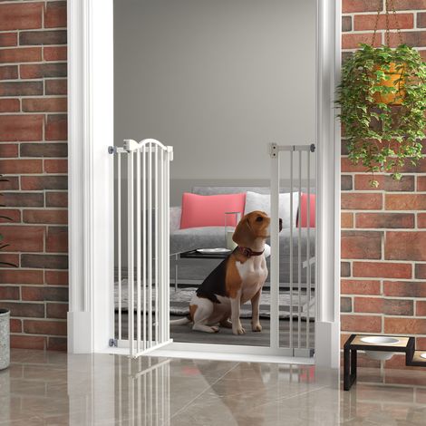 Barrière de sécurité pour chien extensible 74-100 cm fermeture automatique fixation par pression sans percer blanc