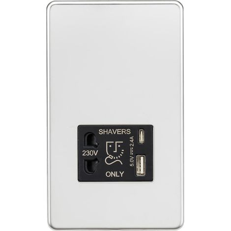 Prise compatible avec rasoir, dotée de deux ports USB A+C (5 V CC 2,4 A partagés) - Finition chromée polie, inserts noirs - SF8909PC (1/5)