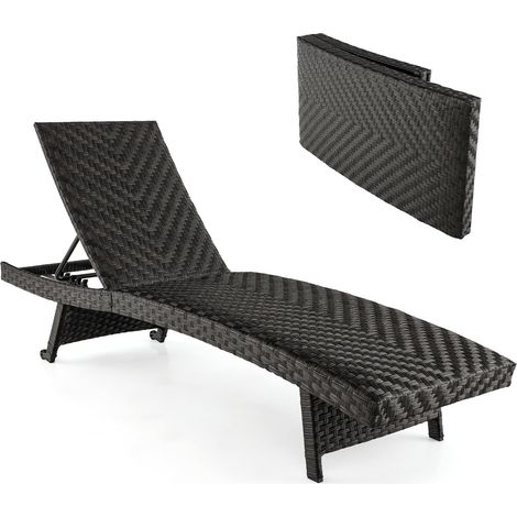COSTWAY Tumbonas Jardin Exterior Plegable, Acolchado de Ratán, Respaldo Ajustable de 5 Niveles, Tumbona Piscina Playa Terraza con Ruedas Traseras, 195 x 61 x 38-97 cm (1/5)