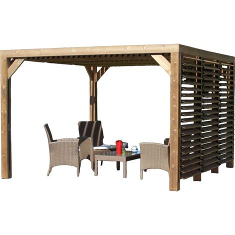 Habrita – Pergola en bois massif traité 341 x 313 cm – Ventelles mobiles orientables – Visserie inox – Hauteur 205 cm – Surface 10,67 m² (1/3)