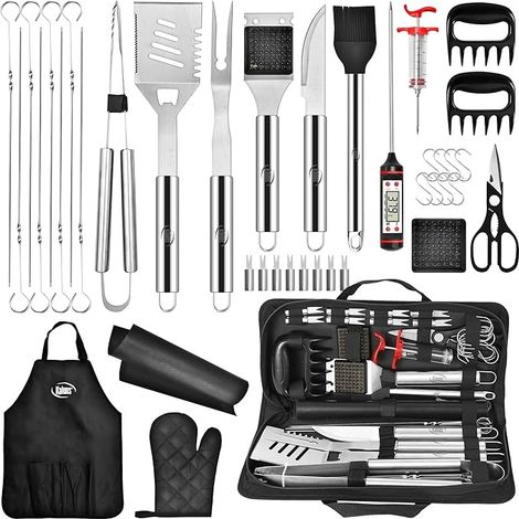 Ensemble de 40 accessoires pour barbecue, comprenant un thermomètre à viande, un étui et un tablier.