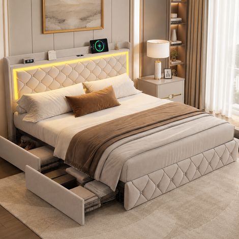 Lit double 160×200cm avec lumière LED, lit coffre avec port USB, lit capitonné avec 4 tiroirs , grande capacité, tête de lit à boutons, style moderne, sommier à lattes, lit adulte, Velours, Beige (1/5)