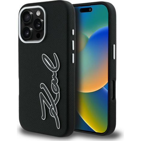 Funda Karl Lagerfeld FW con logotipo granulado para iPhone 16 Pro Max, color negro. (1/5)