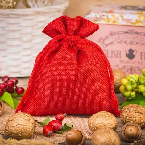 Sacchetti decorativi in juta, 100% naturali, 10 x 13 cm, 10 pezzi, rossi. Sacchetti regalo, sacchetti per la conservazione, sacchetti per regali, confezioni regalo, sacchetti profumati. (1/5)