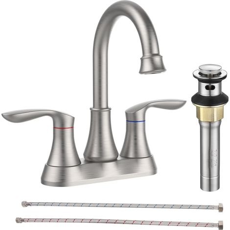 Robinet de salle de bain à deux poignées, entraxe de 10 cm (4 po), en nickel brossé, avec bonde escamotable et flexibles d'alimentation. (1/5)