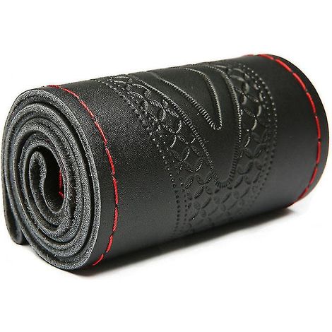 Housse de volant universelle en cuir véritable gaufré de 37 à 38 cm, en cuir de vachette tressé avec fil rouge. (1/5)