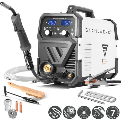 STAHLWERK Schweißgerät MIG MAG 200 ST Plus – IGBT-Inverter mit 200 A, Schutzgasgerät mit synergischem Drahtvorschub, FLUX (Fülldraht) geeignet, Lift-TIG & MMA (E-Hand/ARC) funktionsfähig