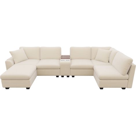 Canapé d'angle modulable en U/L 6 places avec ottomane coffre, console mobile avec porte-gobelets, USB/Type-C, en tissu velours côtelé beige (1/5)