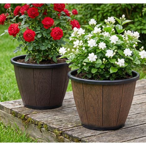Pot à fleurs plastique imitation tonneau bois, fini vernis vieilli style vintage, pot rond résistant pour rosiers et plantes d’intérieur extérieur (1/5)