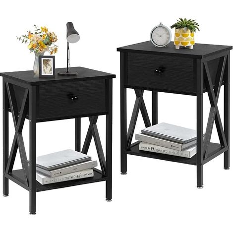 2er-Set Nachttische mit Schublade und offenem Fach, 55 cm hoch, Metallbeine, für Wohnzimmer, Schlafzimmer, Sofa, Schwarz (1/5)