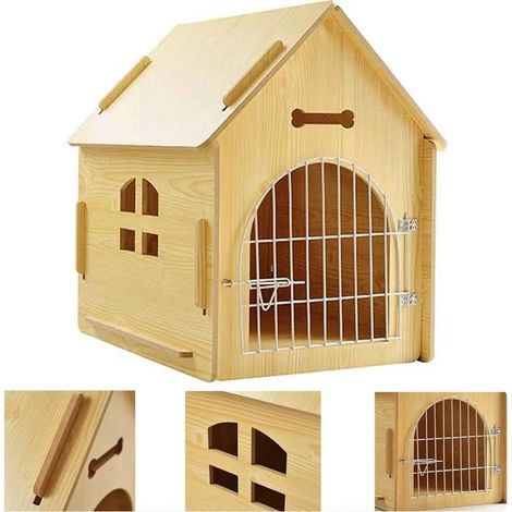 Trade Shop - MDF-ZWINGER AUS HOLZ FÜR KLEINE BIS MITTELGROSSE HUNDE IN HAUSFORM 44X57X59CM -