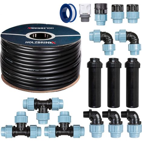 Kit d'arrosage enterré 20m – Tuyau LDPE 25mm – 3x arroseurs automatiques pop-up – Système extensible pour pelouses jusqu'à 400m² – Holzbrink